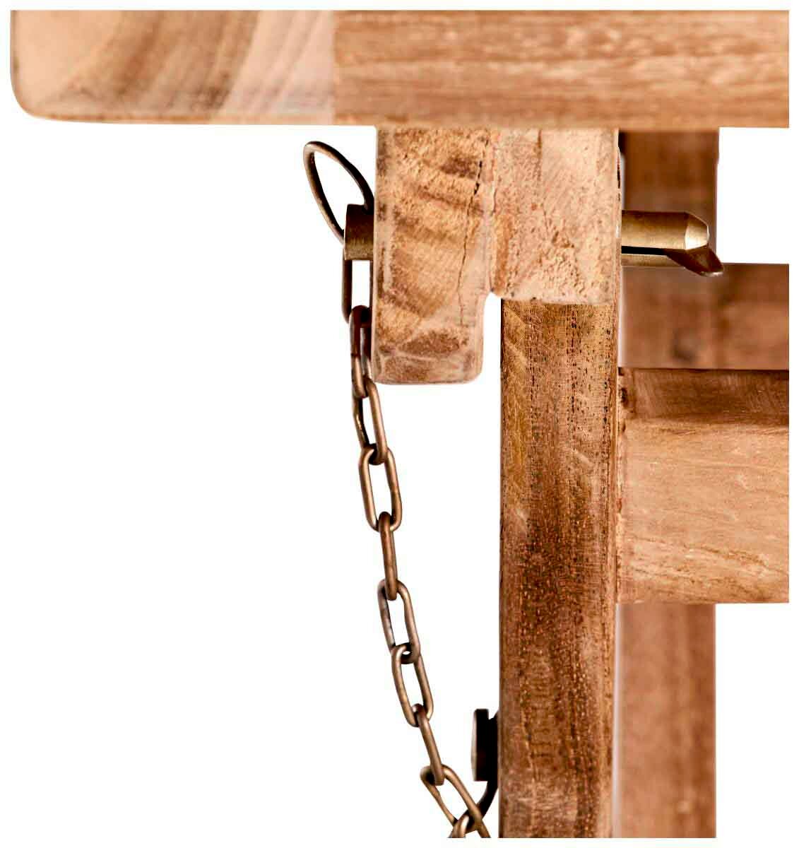 XORA Klapptisch SURABAYA Nahaufnahme eines Klapptischs aus Holz mit Metallkette und Sicherungsstift, seitliche Perspektive