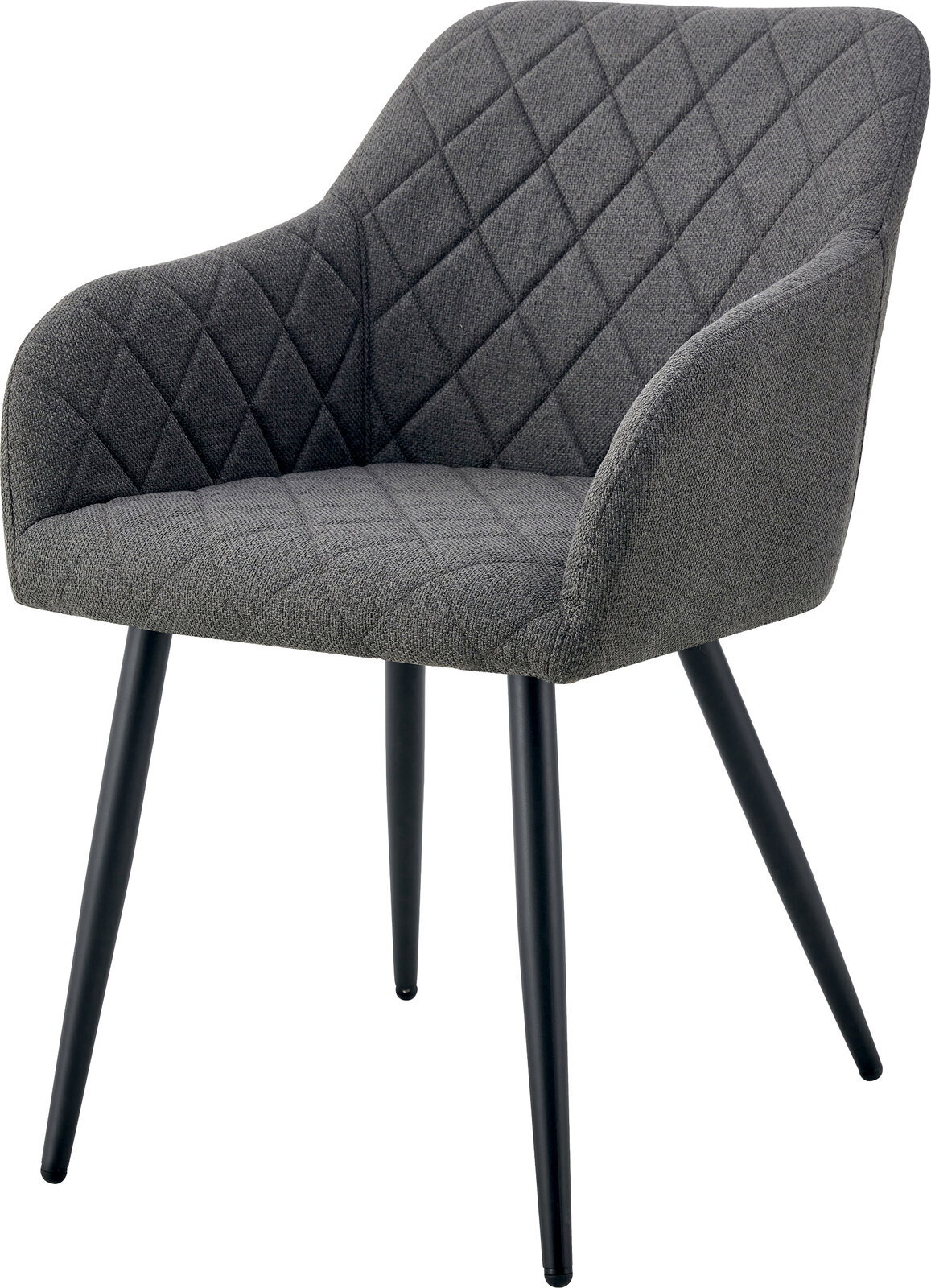 Gepolsterter Esszimmerstuhl mit Armlehnen in dunkelgrauem Stoff, rautenförmig gesteppt, mit schwarzen Metallbeinen, freigestellt auf weißem Hintergrund, Ansicht schräg von vorne.