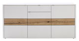 Modernes Sideboard in Weiß mit natürlicher Holzmaserung, frontale Ansicht
