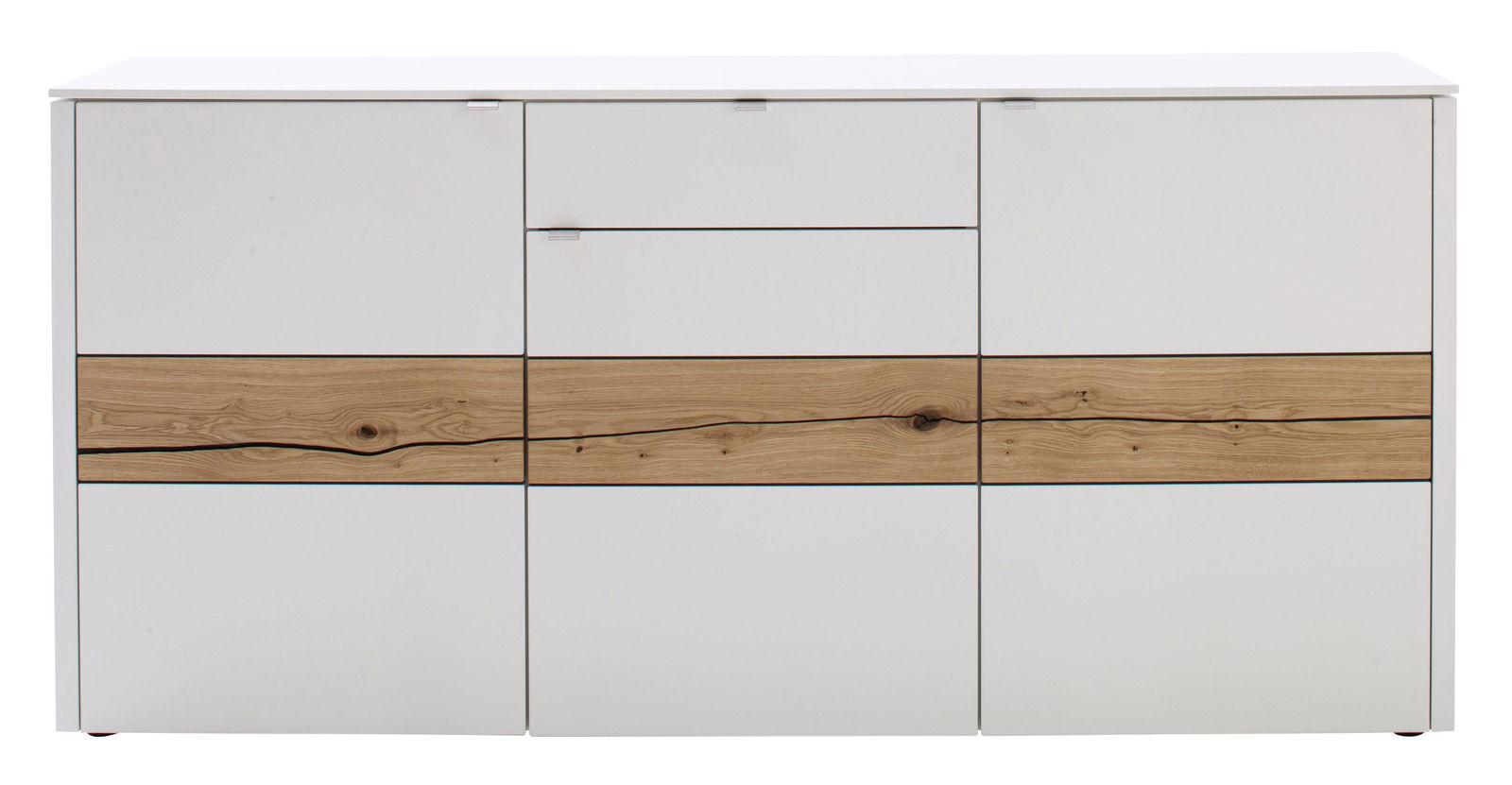 Modernes Sideboard in Weiß mit natürlicher Holzmaserung, frontale Ansicht