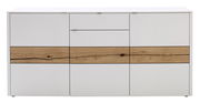 Modernes Sideboard in Weiß mit natürlicher Holzmaserung, frontale Ansicht