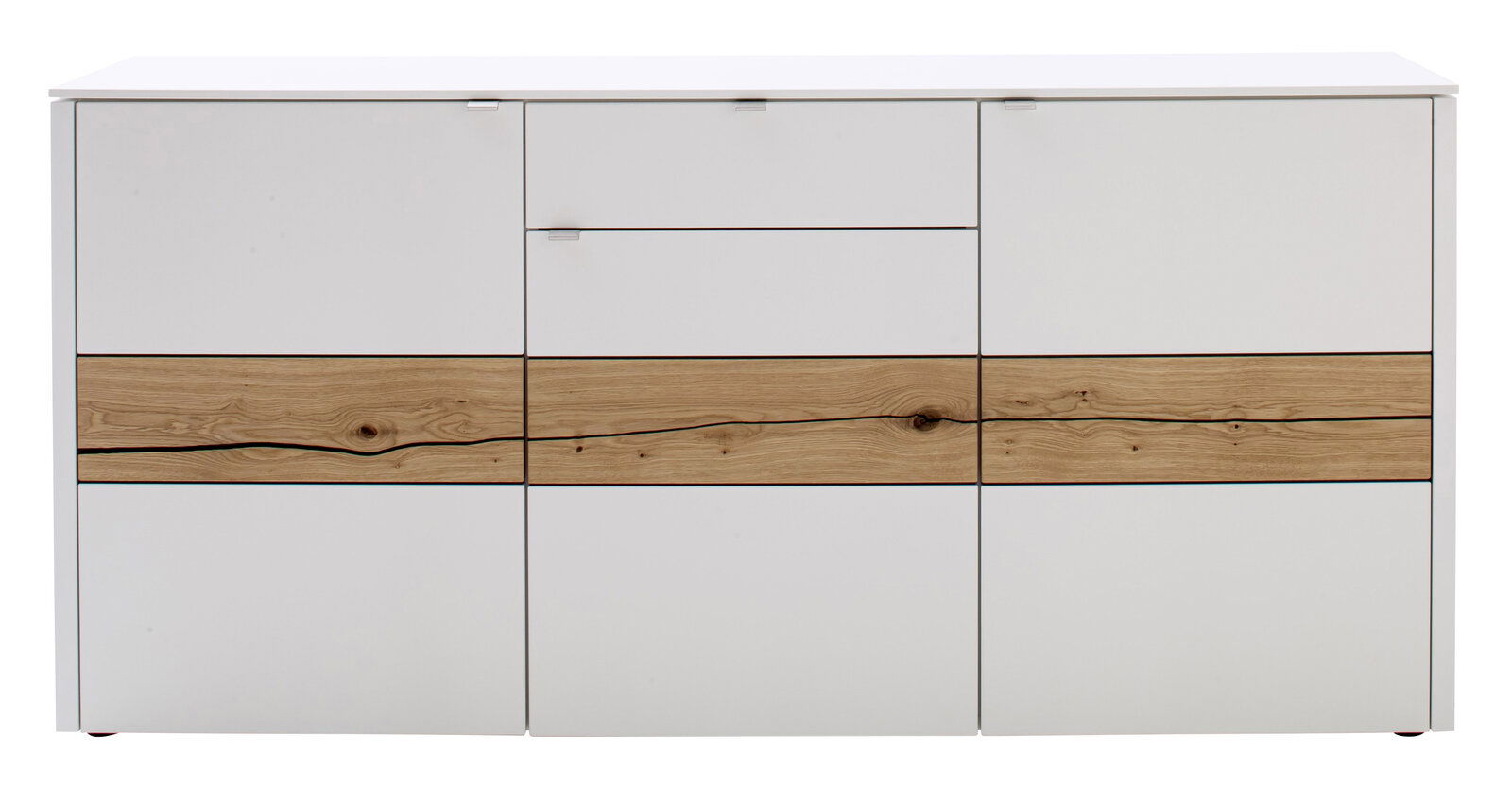 Modernes Sideboard in Weiß mit natürlicher Holzmaserung, frontale Ansicht