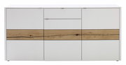Modernes Sideboard in Weiß mit natürlicher Holzmaserung, frontale Ansicht