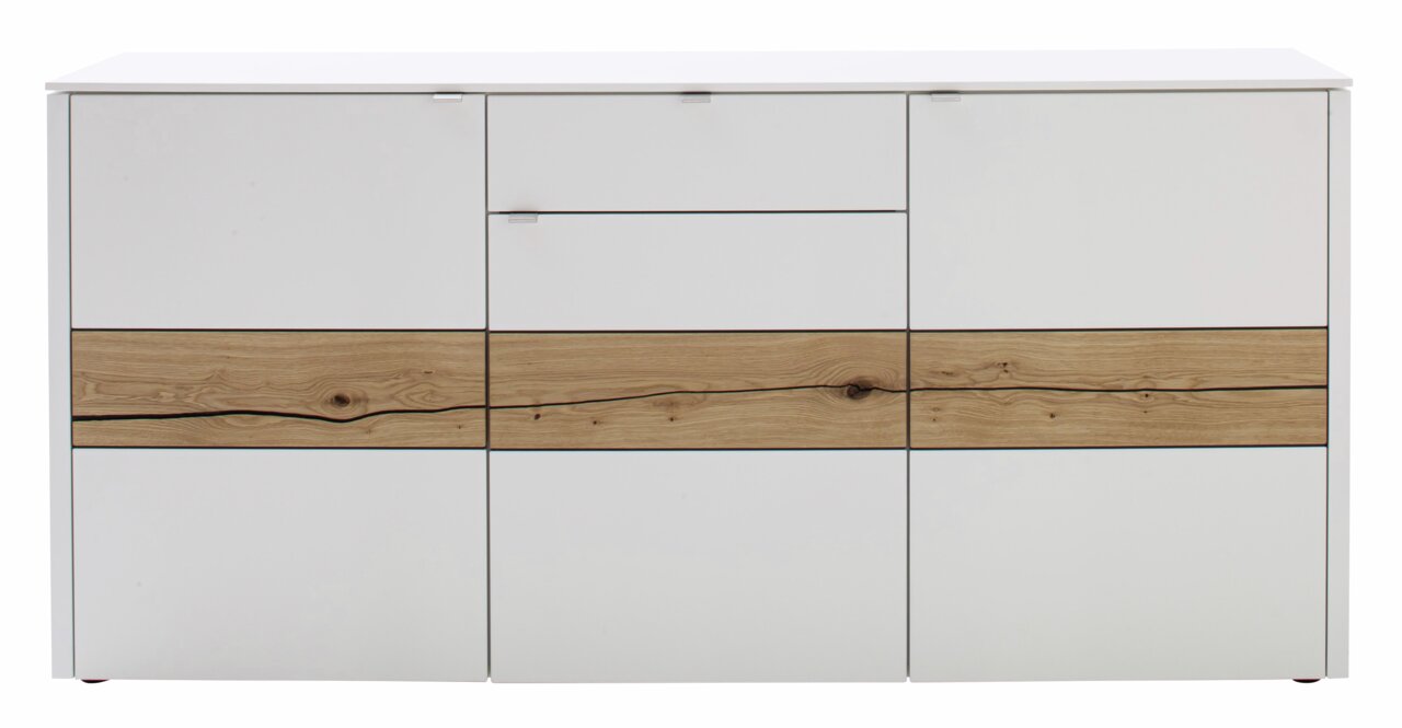 Modernes Sideboard in Weiß mit natürlicher Holzmaserung, frontale Ansicht