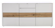 Modernes Sideboard in Weiß mit natürlicher Holzmaserung, frontale Ansicht