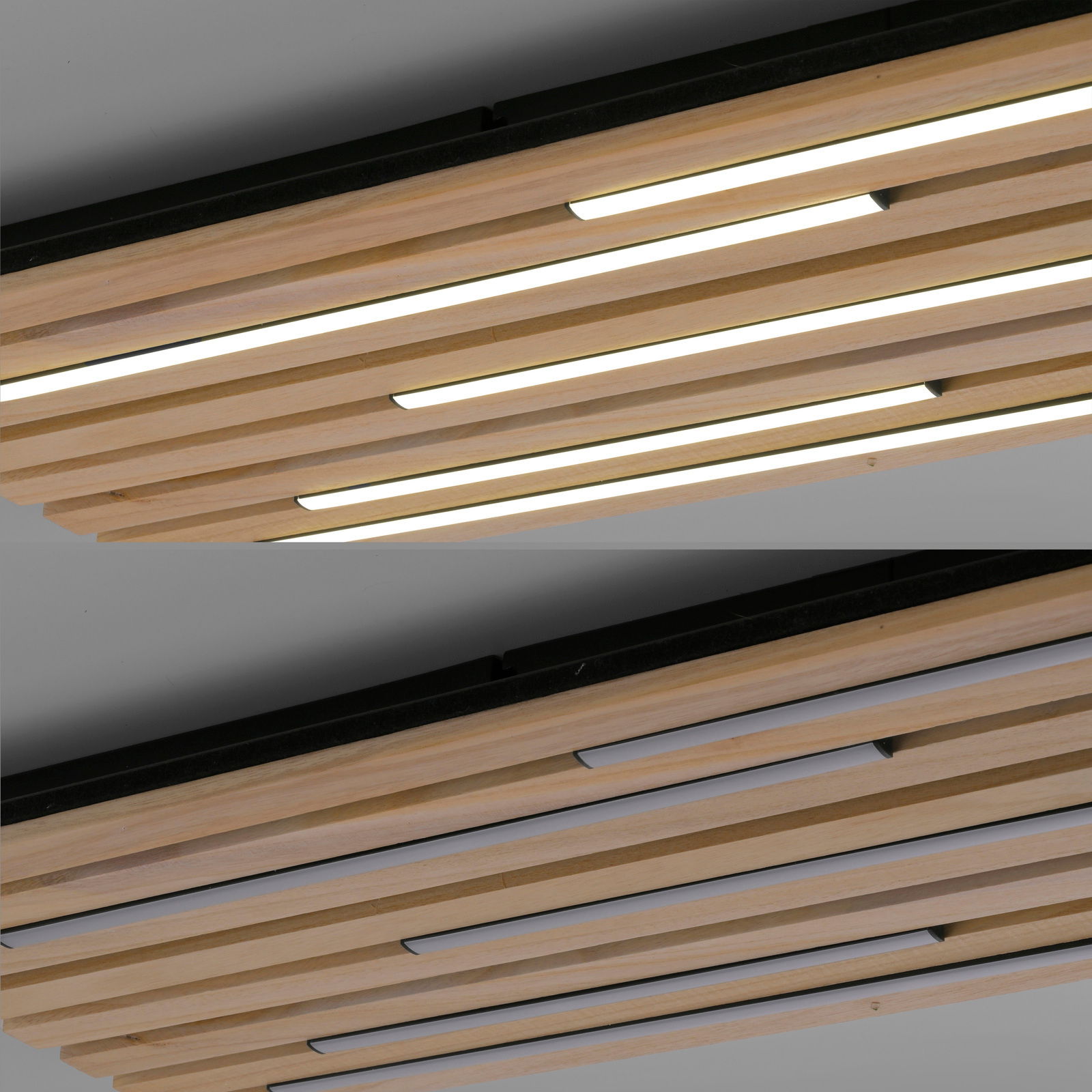 LED-Deckenleuchte aus Holzlamellen, seitliche Perspektive