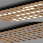 LED-Deckenleuchte aus Holzlamellen, seitliche Perspektive
