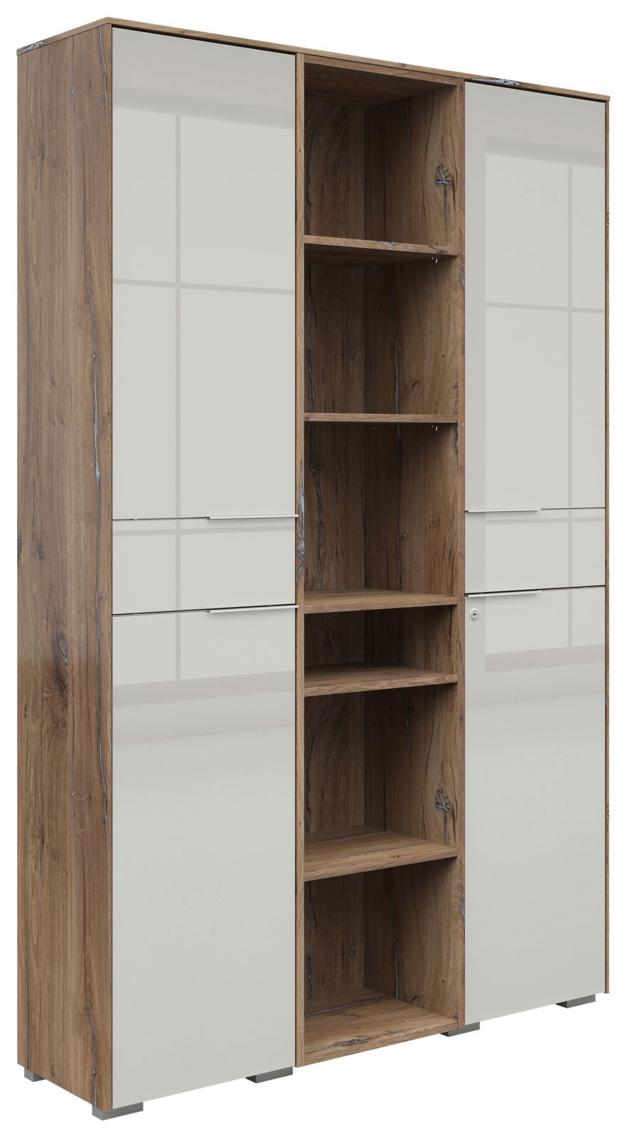 Aktenschrank Kombination NEVADA in Holzoptik mit weißen Türen, frontale Perspektive