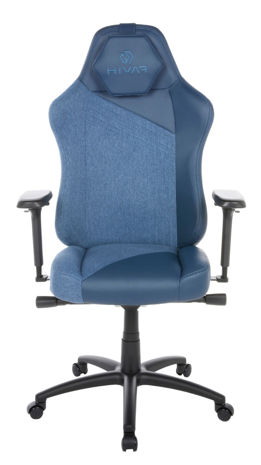Vorderansicht eines blauen HIVAR Gaming Stuhls SKYLAR mit ergonomischem Design und verstellbaren Armlehnen.