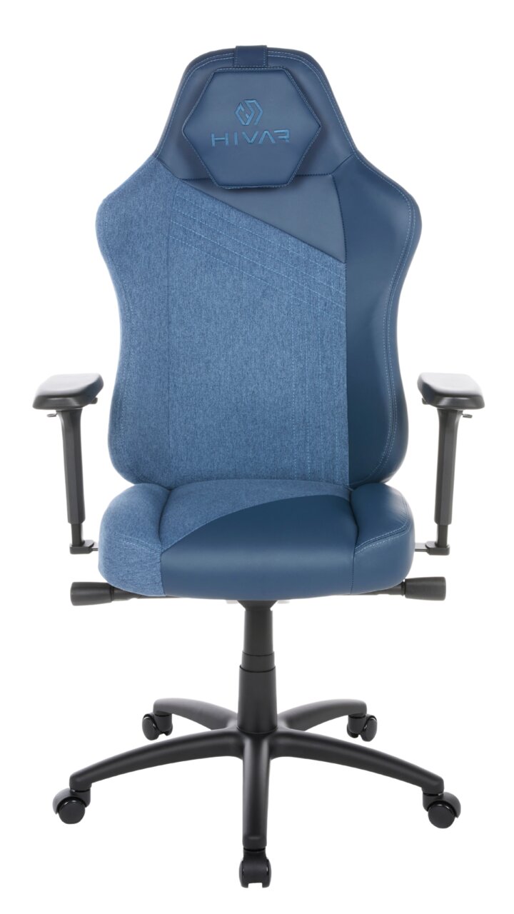 Vorderansicht eines blauen HIVAR Gaming Stuhls SKYLAR mit ergonomischem Design und verstellbaren Armlehnen.