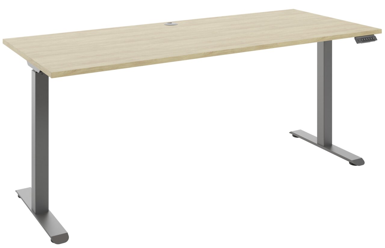 Moderner höhenverstellbarer E-Schreibtisch mit Holzoberfläche und grauem Metallgestell, seitliche Perspektive