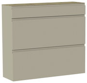 Hängeschuhschrank in Beige mit drei Fächern, seitliche Perspektive