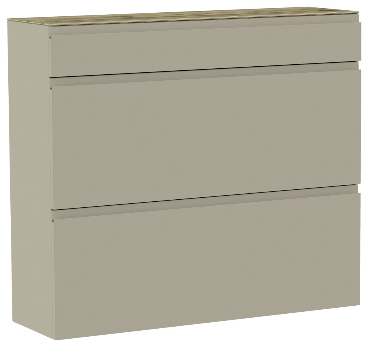 Hängeschuhschrank in Beige mit drei Fächern, seitliche Perspektive