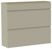 Hängeschuhschrank in Beige mit drei Fächern, seitliche Perspektive
