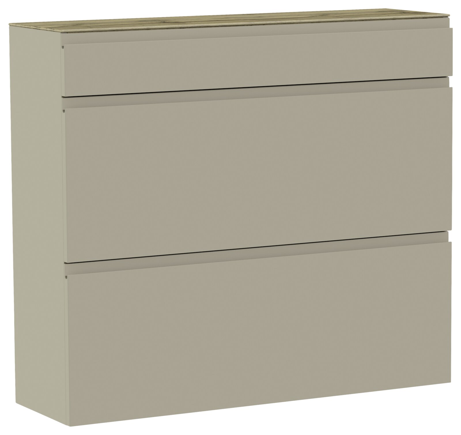 Hängeschuhschrank in Beige mit drei Fächern, seitliche Perspektive