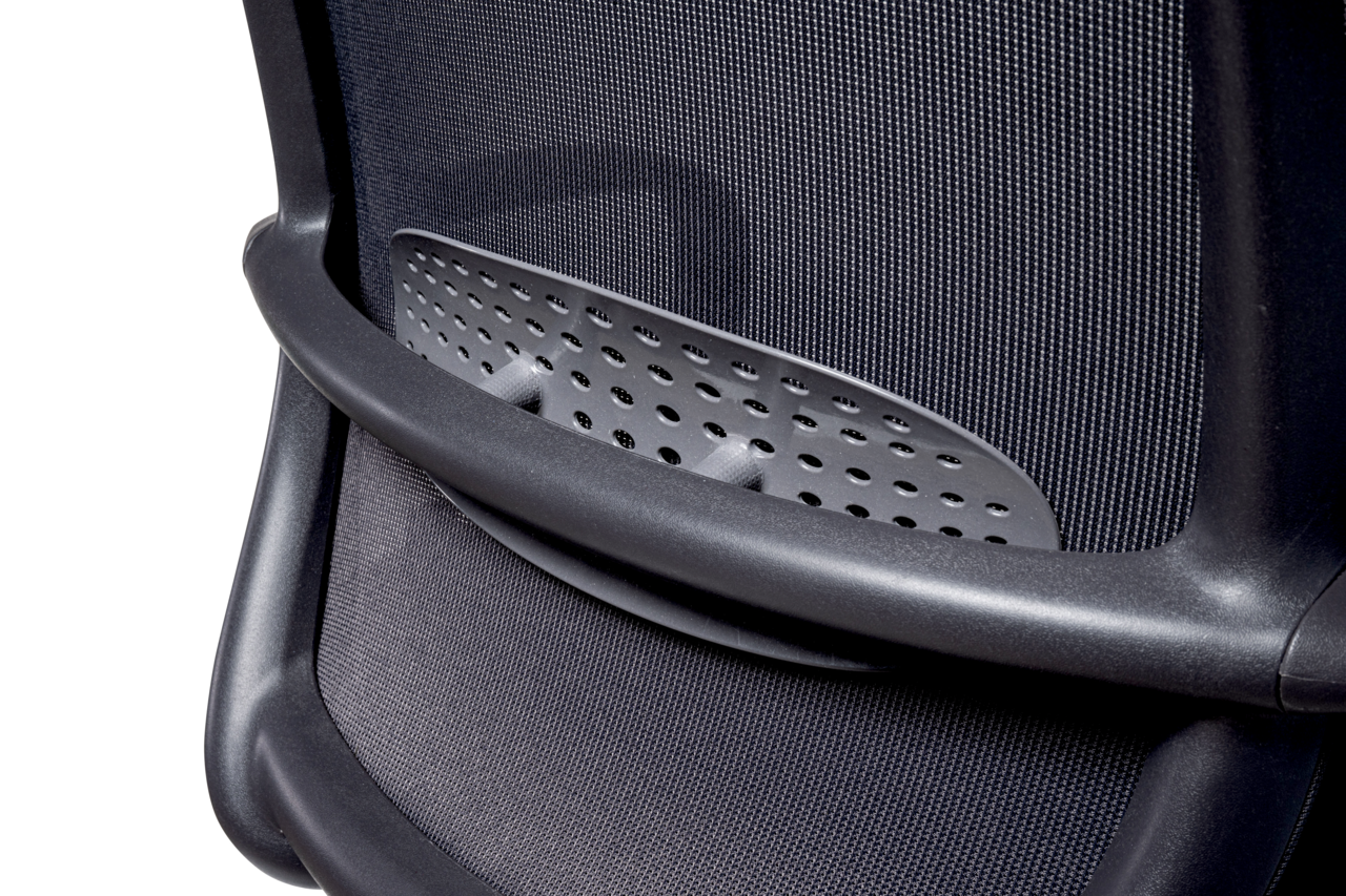 Rückansicht eines Drehstuhls mit ergonomischer Rückenlehne und atmungsaktivem Netzgewebe.