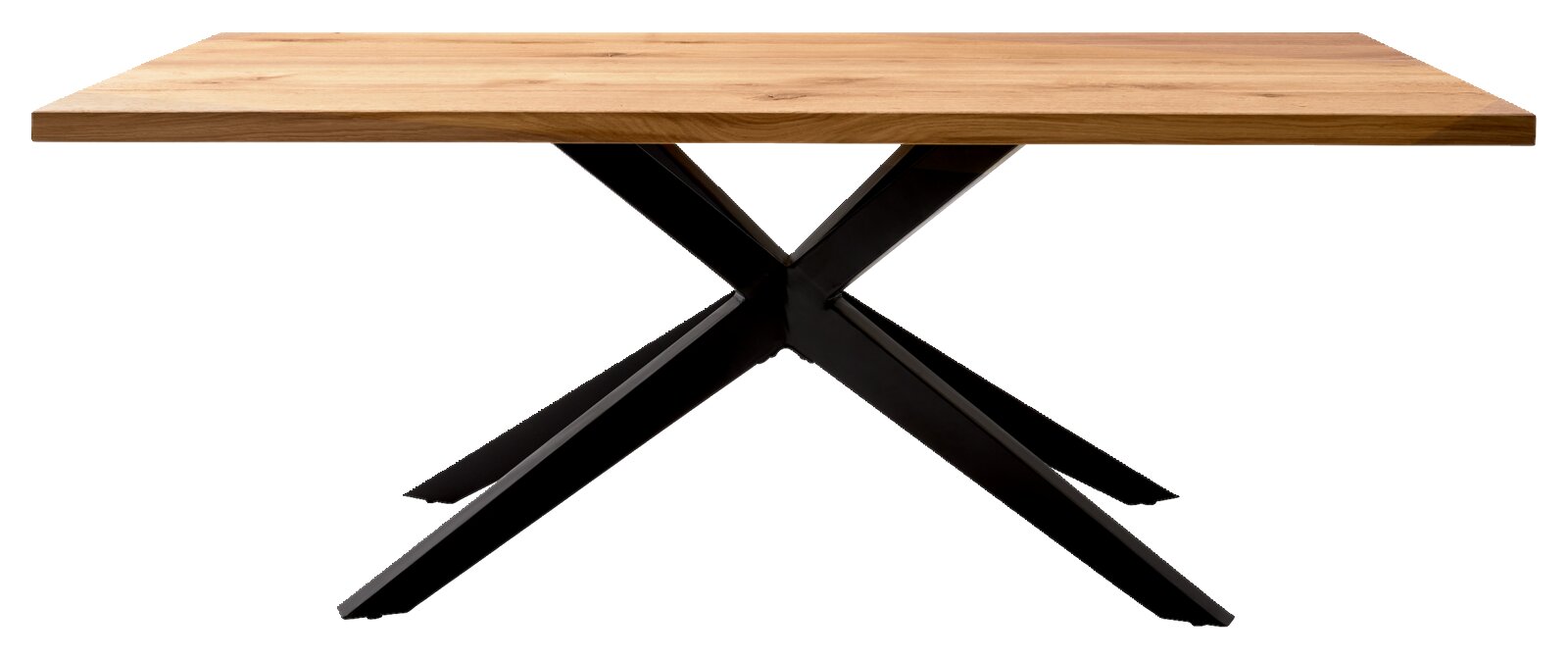 Moderne eettafel met houten blad en zwart metalen onderstel in X-vorm, zijaanzicht