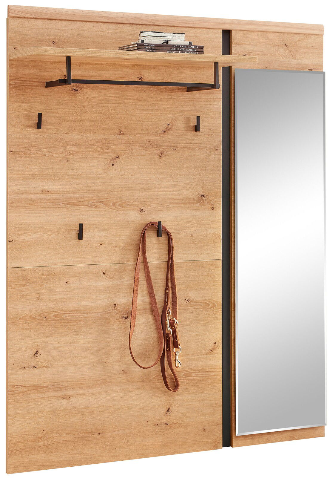 Frontale Ansicht eines XL-Garderobenpaneels aus Holz mit Spiegel, Haken und Ablage.