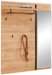 Frontale Ansicht eines XL-Garderobenpaneels aus Holz mit Spiegel, Haken und Ablage.