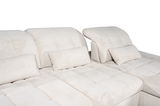 Beige Ecksofa mit verstellbaren Rückenlehnen und Kissen, seitliche Perspektive