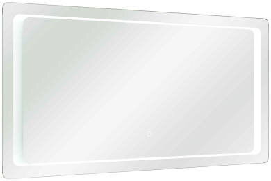 Rechteckiger LED-Spiegel mit beleuchtetem Rahmen, seitliche Perspektive