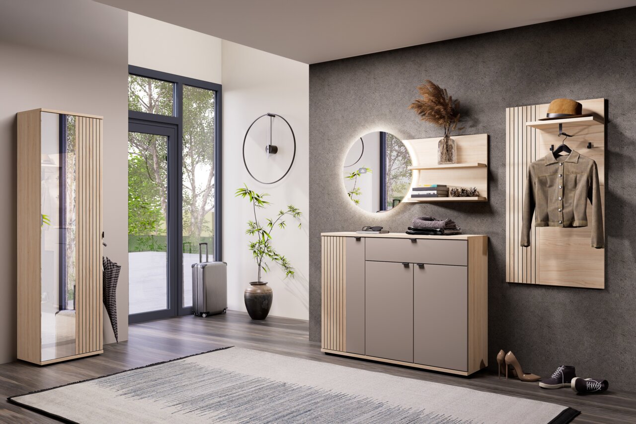 XORA Garderobenschrank PISA Modernes Flur-Set aus Holz mit Garderobenschrank, Kommode, rundem Spiegel und Wandpaneel mit Haken in hellem Holz und grauen Fronten, gezeigt in frontaler Perspektive im Eingangsbereich
