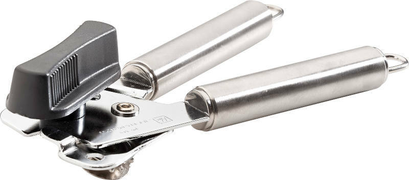 Hochwertiger Dosenöffner ProfiLine aus Edelstahl mit ergonomischem Griff, seitliche Perspektive