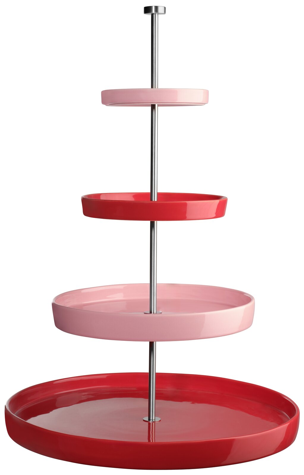 Vierstöckige Etagere mit runden Tabletts in Rot und Rosa auf Metallstange, freigestellt auf weißem Hintergrund, Frontansicht.