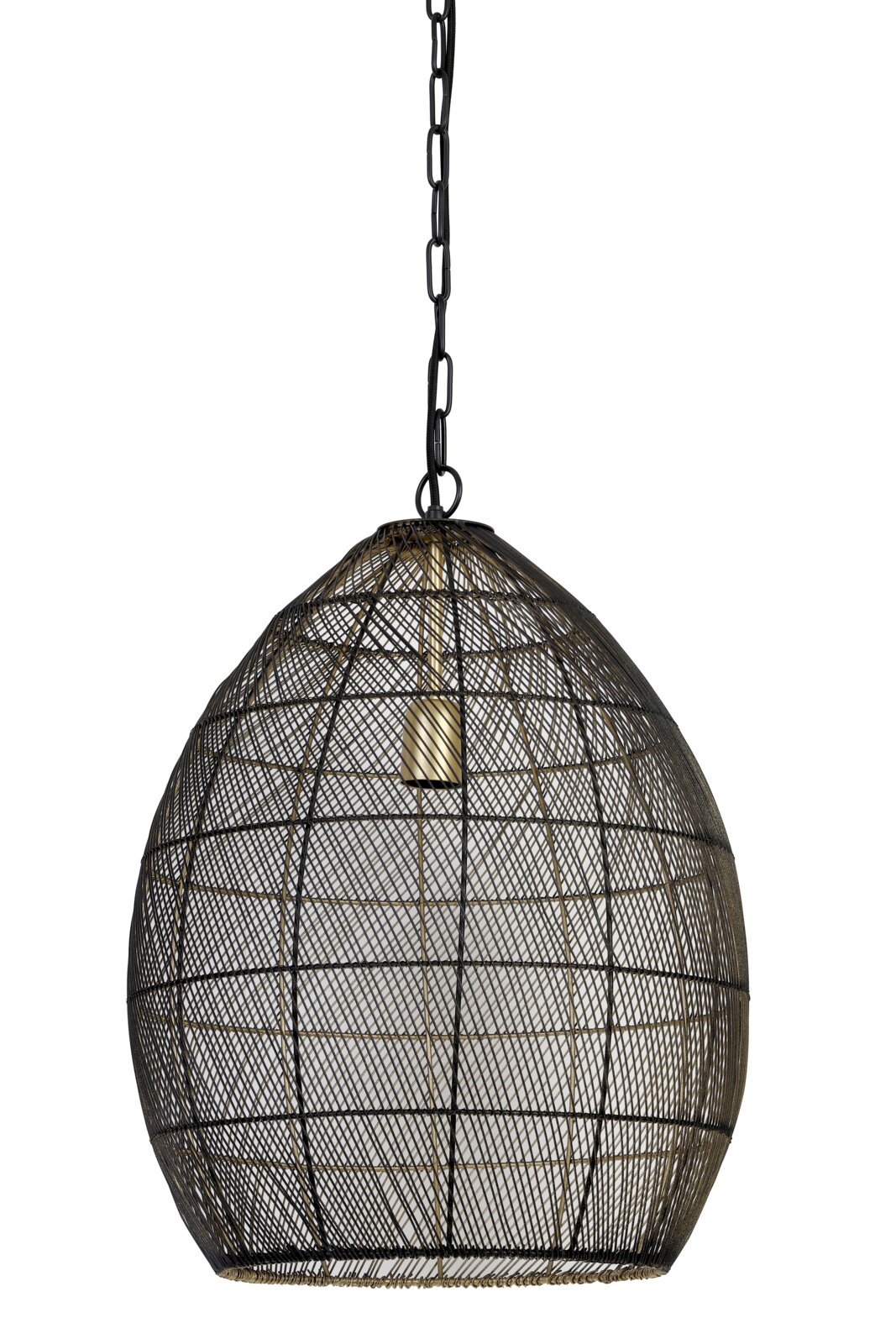 Hanglamp met eivormige open draadkap in zwart en brons, goudkleurige fitting en zwarte ketting, recht van voren gezien