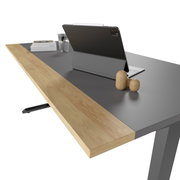 Moderner E-Schreibtisch COLORADO mit grauer Oberfläche und Holzleiste, seitliche Perspektive