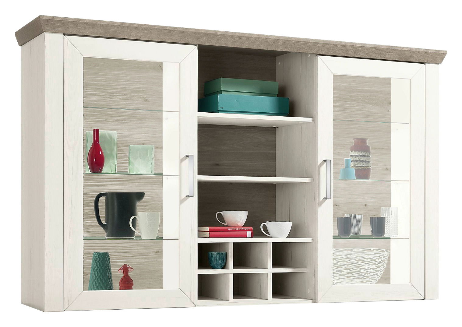 Vitrinenaufsatz aus Holz mit zwei Glastüren und offenen Regalfächern, frontal betrachtet