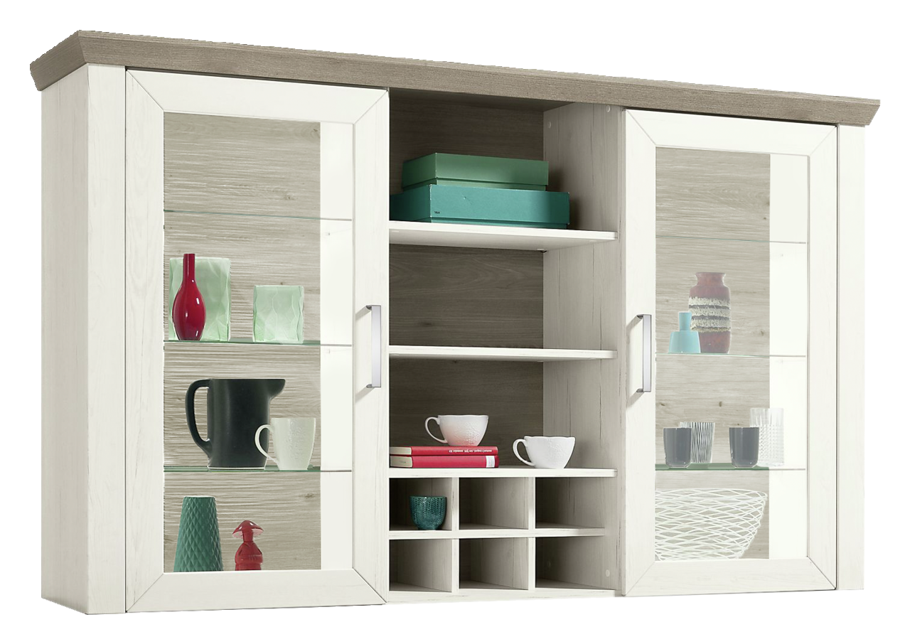 Vitrinenaufsatz aus Holz mit zwei Glastüren und offenen Regalfächern, frontal betrachtet