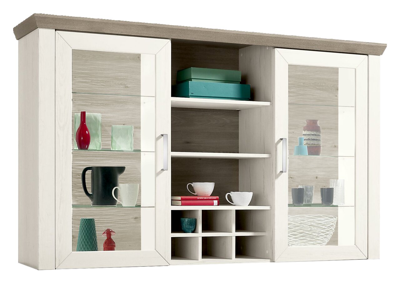 Set one by Musterring Vitrinenaufsatz SET ONE YORK Vitrinenaufsatz aus Holz mit zwei Glastüren und offenen Regalfächern, frontal betrachtet