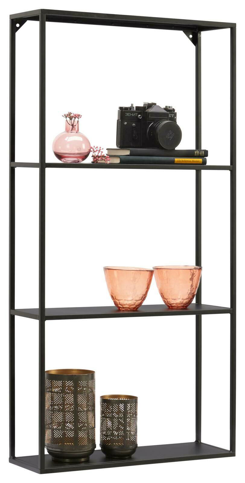 Schwarzes Wandregal mit drei Ebenen, dekoriert mit einer Kamera, Büchern, rosa Vasen und Teelichthaltern, seitliche Perspektive.