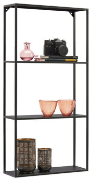 Schwarzes Wandregal mit drei Ebenen, dekoriert mit einer Kamera, Büchern, rosa Vasen und Teelichthaltern, seitliche Perspektive.