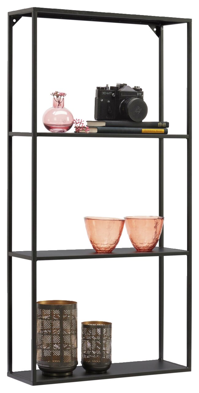 Schwarzes Wandregal mit drei Ebenen, dekoriert mit einer Kamera, Büchern, rosa Vasen und Teelichthaltern, seitliche Perspektive.
