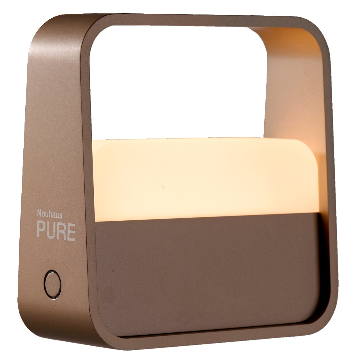 Moderne Tischleuchte PURE Go in seitlicher Perspektive mit rechteckigem Rahmen und integriertem Leuchtelement.