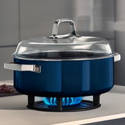 Blauer Schmortopf mit Glasdeckel, seitliche Perspektive, auf einem Herd mit blauer Flamme