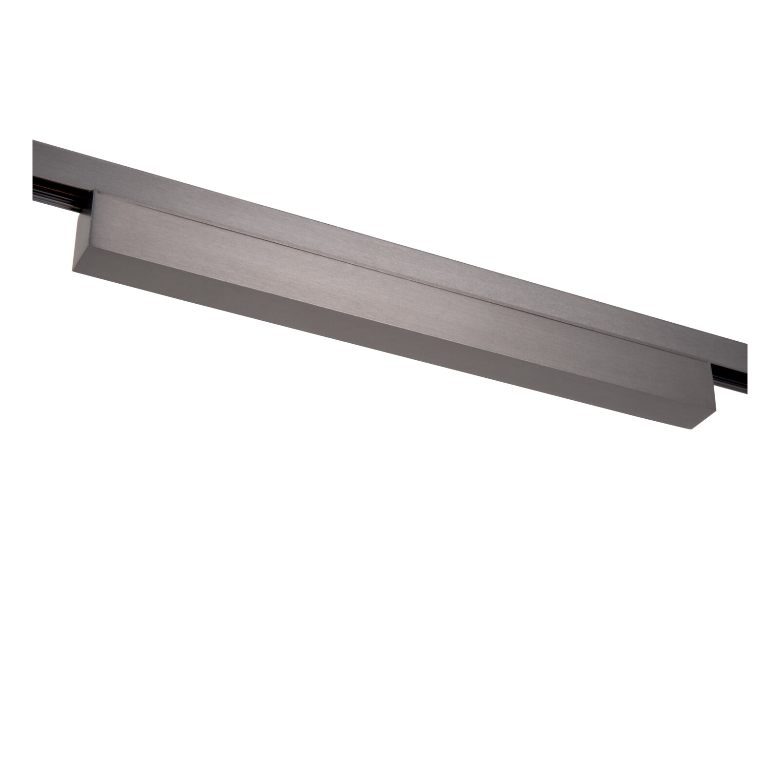 Gebogen lineair railarmatuur in geborsteld aluminium, schuin van onderen in zijaanzicht gefotografeerd op witte achtergrond