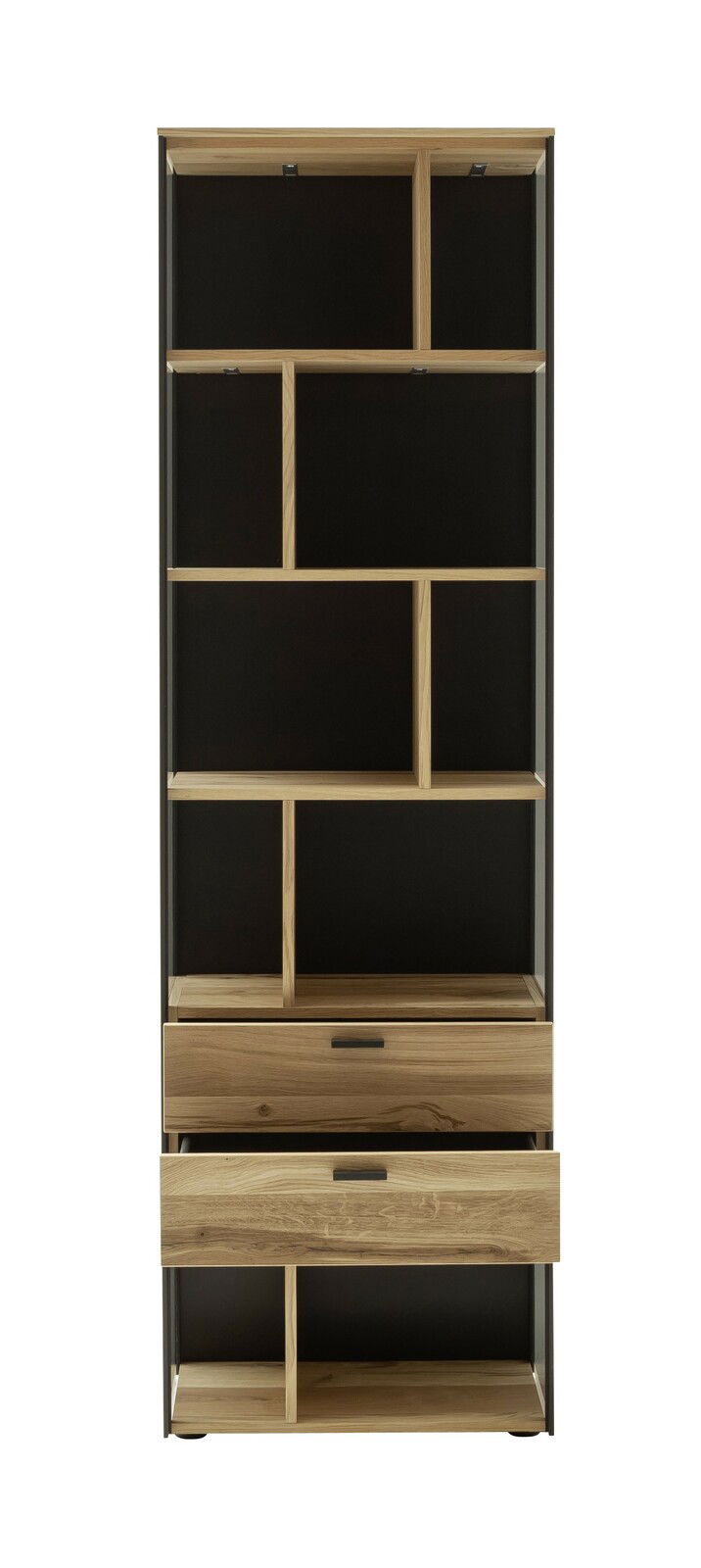 Frontale Ansicht eines modernen Regals mit mehreren Fächern und zwei Schubladen, aus Holz und Metall gefertigt.