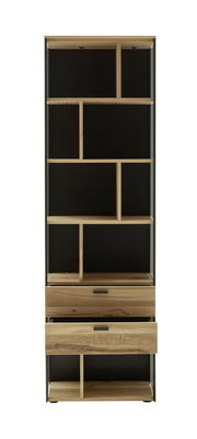 Frontale Ansicht eines modernen Regals mit mehreren Fächern und zwei Schubladen, aus Holz und Metall gefertigt.