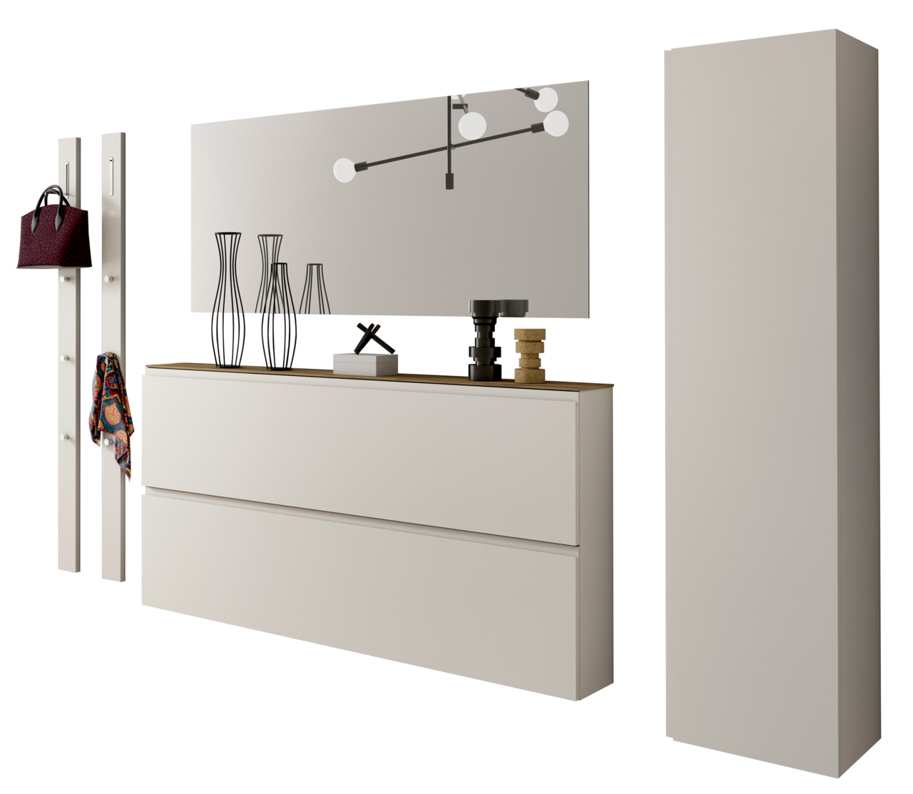 Moderano Garderoben-Set LECCO Modernes Garderobenset in Weiß mit Spiegel, Hakenleiste und hohem Schrank, seitliche Perspektive