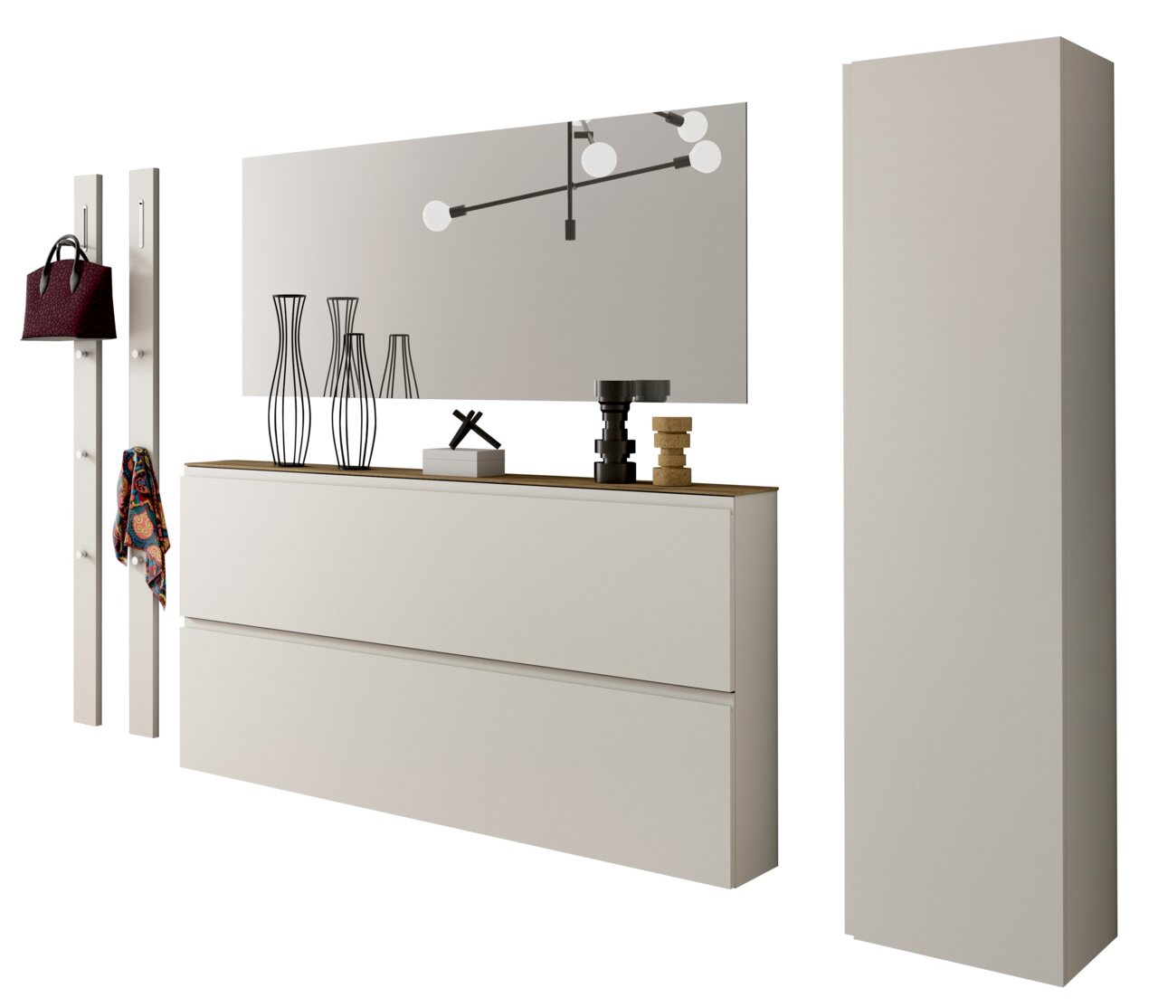 Moderano Garderoben-Set LECCO Modernes Garderobenset in Weiß mit Spiegel, Hakenleiste und hohem Schrank, seitliche Perspektive