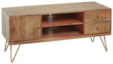 TV-Lowboard aus Holz mit zwei Schubladen, einer Tür und offenen Fächern, auf goldenen Metallbeinen, Perspektive von vorne.