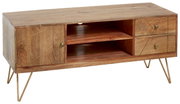 TV-Lowboard aus Holz mit zwei Schubladen, einer Tür und offenen Fächern, auf goldenen Metallbeinen, Perspektive von vorne.