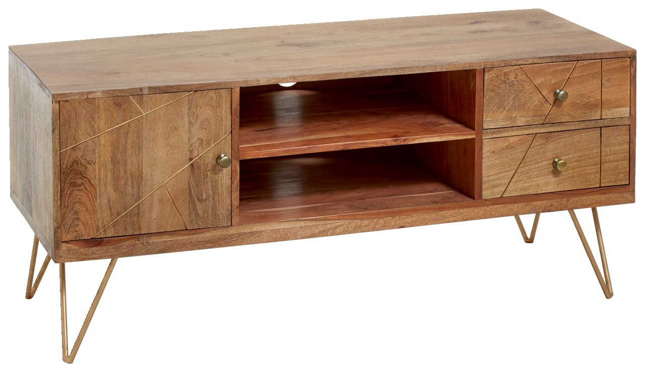 TV-Lowboard aus Holz mit zwei Schubladen, einer Tür und offenen Fächern, auf goldenen Metallbeinen, Perspektive von vorne.