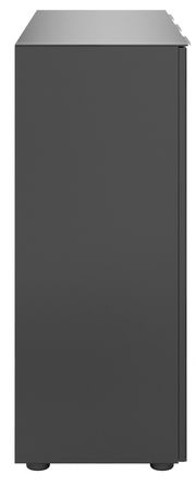 Seitenansicht eines modernen, dunkelgrauen Sideboards mit glatter Oberfläche und minimalistischen Design.