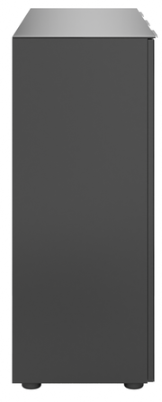 Seitenansicht eines modernen, dunkelgrauen Sideboards mit glatter Oberfläche und minimalistischen Design.