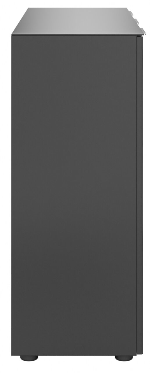 Seitenansicht eines modernen, dunkelgrauen Sideboards mit glatter Oberfläche und minimalistischen Design.