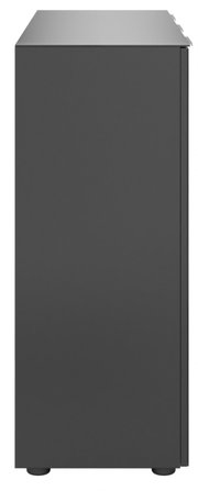 Seitenansicht eines modernen, dunkelgrauen Sideboards mit glatter Oberfläche und minimalistischen Design.